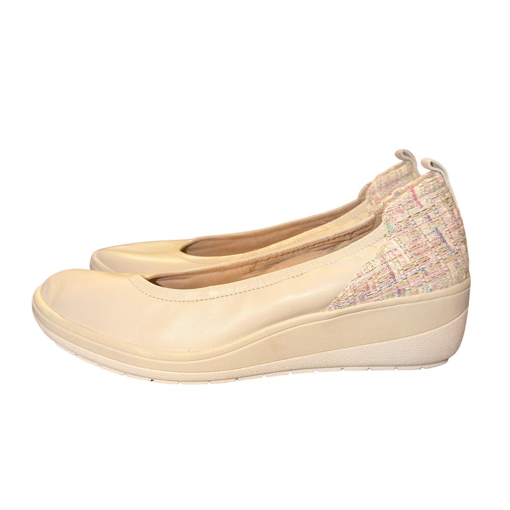 Vionic Jacey Wedge Slip On Shoe Womens Size 9.5 Cream Leather Tweed Heel Comfort